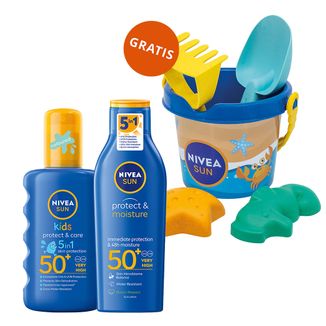 Zestaw Nivea Sun Kids Protect & Care, spray ochronny na słońce dla dzieci, wodoodporny, SPF 50+, 200 + balsam do opalania, SPF 50+, 200 ml + wiaderko z akcesoriami gratis - zdjęcie produktu
