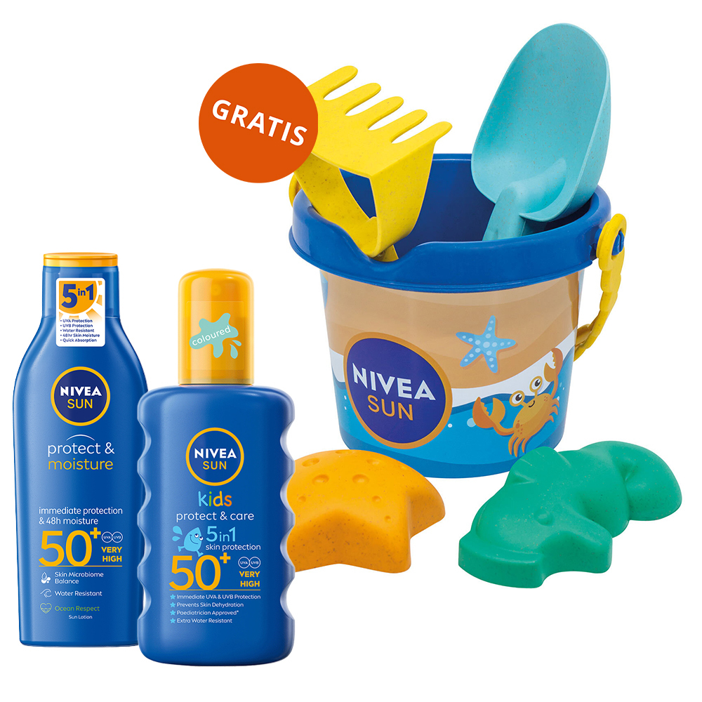 Nivea Zestaw Nivea Sun Kids Protect & Care, spray ochronny na słońce dla dzieci, wodoodporny, SPF 50+, 200 + balsam do opalania, SPF 50+, 200 ml + wiaderko z akcesoriami gratis — Inhaltsstoffe und Bewertung