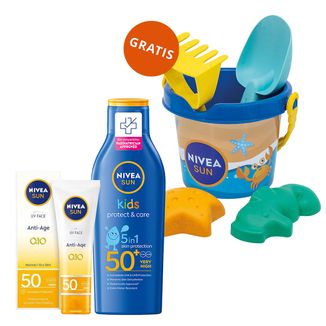 Zestaw Nivea Sun Kids Protect & Care, balsam do opalania dla dzieci 5w1, SPF 50+, 200 ml + przeciwstarzeniowy krem z wysoką ochroną, SPF 50, 50 ml + wiaderko z akcesoriami gratis - zdjęcie produktu