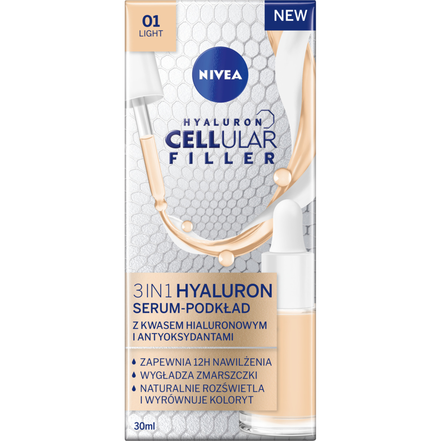 Nivea Nivea Hyaluron Cellular Filler 3w1, serum-podkład, kolor jasny, 30 ml