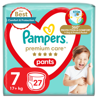 Pampers Premium Care Pants, pieluchomajtki rozmiar 7, 17+ kg, 27 sztuk - zdjęcie produktu