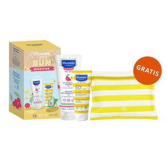 Zestaw Mustela Sun Sensitive, mleczko nawilżające, 200 ml + mleczko przeciwsłoneczne, SPF 50+, 100 ml + kosmetyczka wodoodporna gratis - zdjęcie produktu