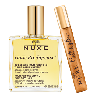 Nuxe Huile Prodigieuse, suchy olejek wielofunkcyjny do ciała, twarzy i włosów, 100 ml + suchy olejek ze złotymi drobinkami do ciała, twarzy i włosów, roll - on, 8 ml gratis - zdjęcie produktu