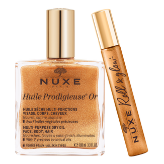 Nuxe Huile Prodigieuse Or, suchy olejek ze złotymi drobinkami, 100 ml + suchy olejek ze złotymi drobinkami do ciała, twarzy i włosów, roll - on, 8 ml gratis Nuxe Huile Prodigieuse Or, suchy olejek ze złotymi drobinkami, 100 ml + suchy olejek ze złotymi drobinkami do ciała, twarzy i włosów, roll - on, 8 ml gratis - zdjęcie produktu