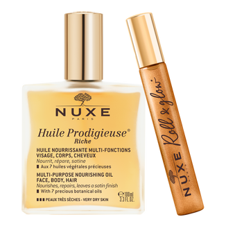 Nuxe Huile Prodigieuse Riche, intensywnie odżywiający olejek w sprayu, 100 ml + suchy olejek ze złotymi drobinkami do ciała, twarzy i włosów, roll - on, 8 ml gratis - zdjęcie produktu