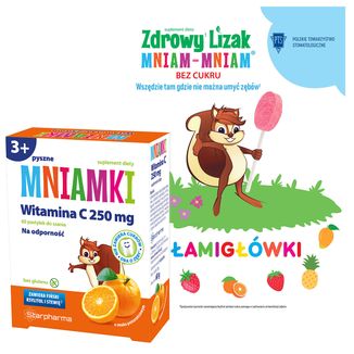 Mniamki Witamina C 250 mg, powyżej 3 roku, smak pomarańczowy, 60 pastylek do ssania + książeczka z łamigłówkami gratis - zdjęcie produktu