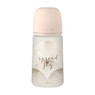Suavinex Spread Joy, butelka z fizjologicznym smoczkiem SX Pro, średni przepływ, beżowe serce, od 3 miesiąca, 270 ml - zdjęcie produktu