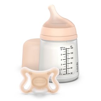Zestaw Suavinex Zero Zero, butelka antykolkowa z silikonowym smoczkiem o regulowanym przepływie, 180 ml + smoczek uspokajający dla wcześniaków i niemowląt do 2 miesiąca, 1 sztuka - zdjęcie produktu