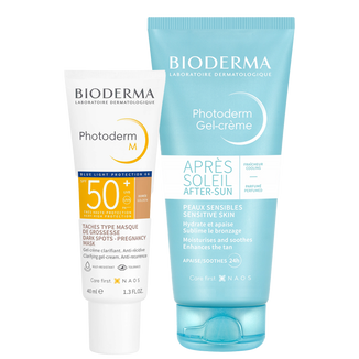 Zestaw Bioderma Photoderm M, ochronny krem do skóry z tendencją do przebarwień, ciemny, SPF 50+, 40 ml + łagodzący żel-krem przedłużający opaleniznę, 100 ml - zdjęcie produktu