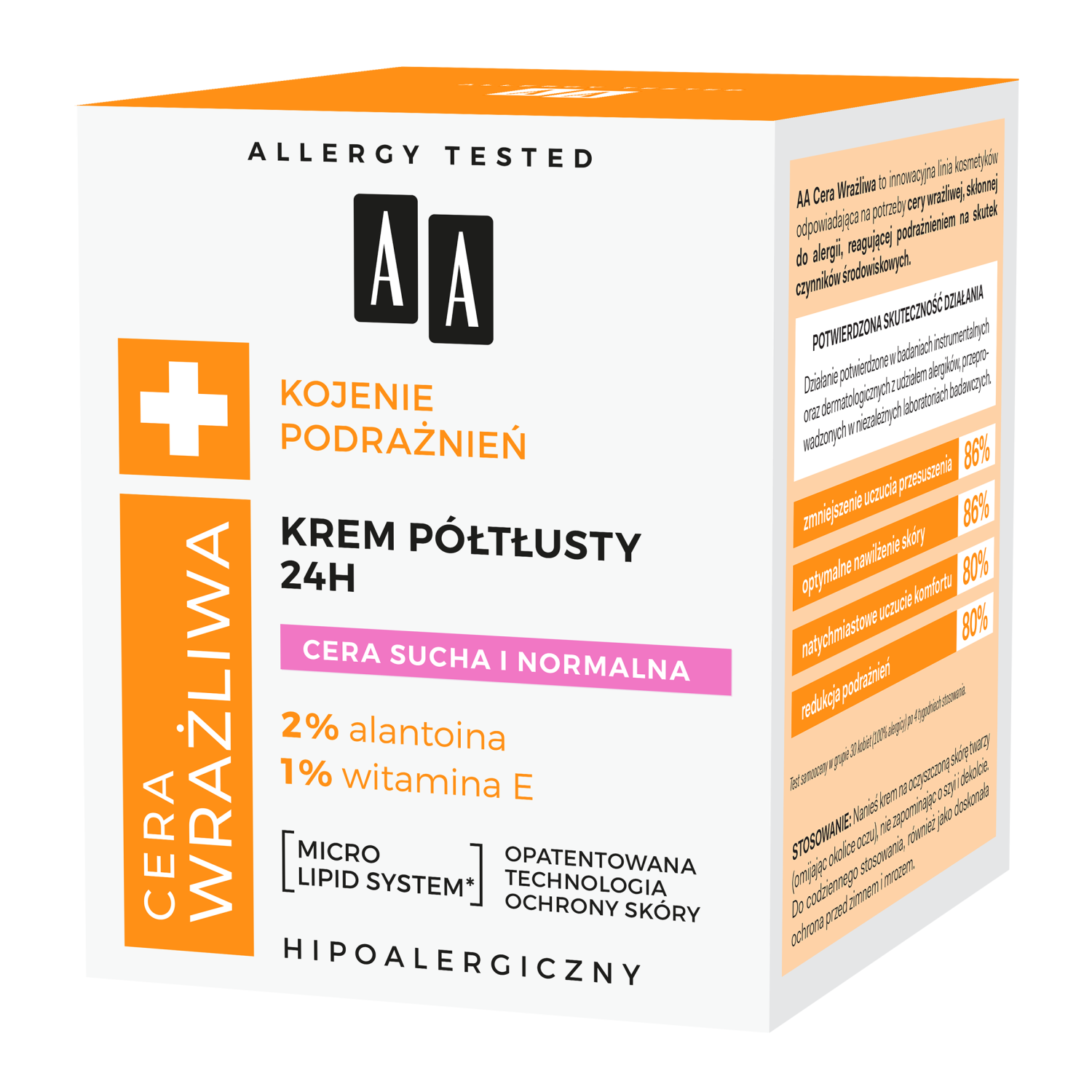 AA AA Cera Wrażliwa, krem półtłusty 24H, cera sucha i normalna, 50 ml