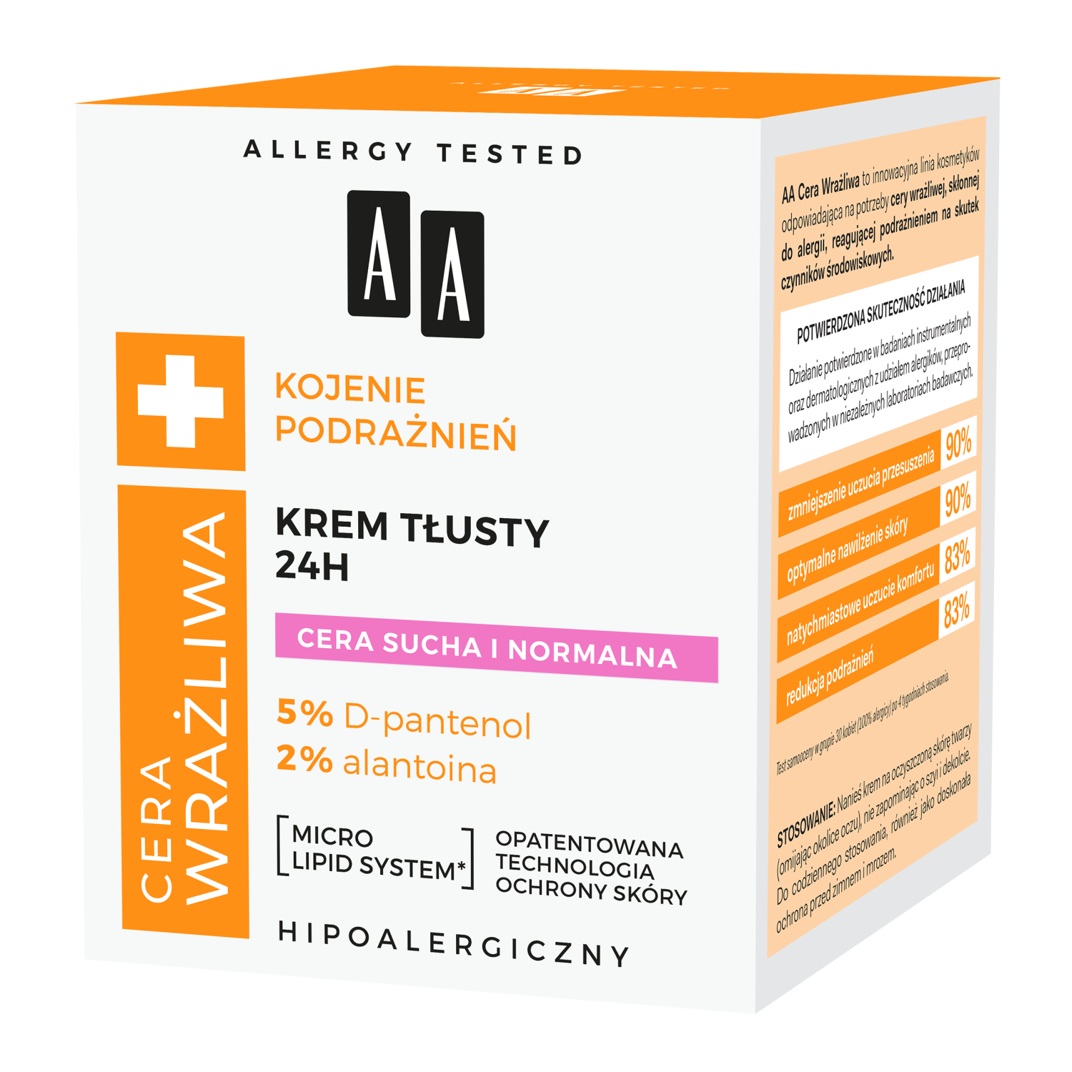 AA AA Cera Wrażliwa, krem tłusty 24H, cera sucha i normalna, 50 ml