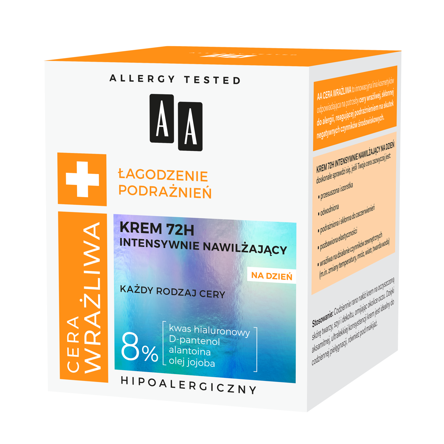 AA AA Cera Wrażliwa, krem intensywnie nawilżający 72H, na dzień, 50 ml