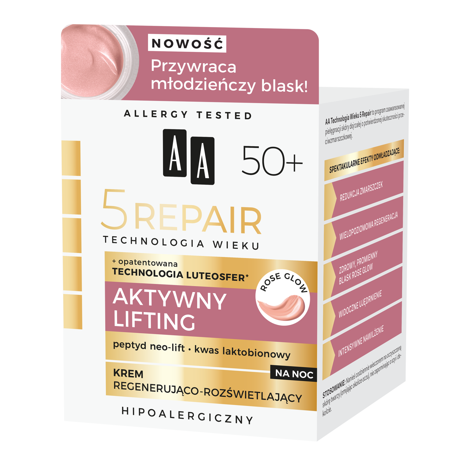 AA AA Technologia Wieku 5 Repair 50+ Aktywny Lifting, krem regenerująco-rozświetlający na noc, 50 ml