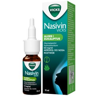 Nasivin Vicks Sinex Aloes i Eukaliptus 0,5 mg/ml, aerozol do nosa dla dorosłych i dzieci od 6 lat, 15 ml - zdjęcie produktu