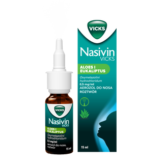 Nasivin Vicks Sinex Aloes i Eukaliptus 0,5 mg/ml, aerozol do nosa dla dorosłych i dzieci od 6 lat, 15 ml Nasivin Vicks Sinex Aloes i Eukaliptus 0,5 mg/ml, aerozol do nosa dla dorosłych i dzieci od 6 lat, 15 ml - zdjęcie produktu