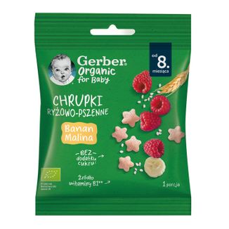 Gerber Organic Chrupki ryżowo-pszenne, banan, malina, po 8 miesiącu, 7 g - zdjęcie produktu