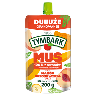 Tymbark Mus w tubce 100%, jabłko, mango, brzoskwinia, banan, bez dodatku cukru, 200 g KRÓTKA DATA - zdjęcie produktu