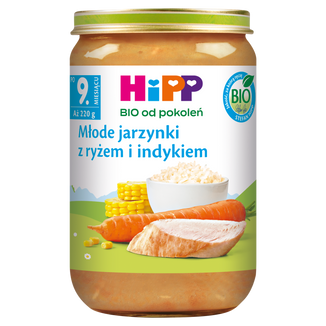 HiPP BIO od pokoleń, młode jarzynki z ryżem i indykiem, po 9 miesiącu, 220 g - zdjęcie produktu