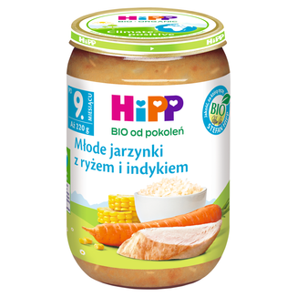 HiPP Danie Bio, młode jarzynki z ryżem i indykiem, po 9 miesiącu, 220 g - zdjęcie produktu