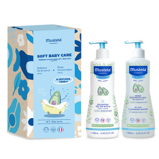 Zestaw Mustela Soft Baby Care Delikatne oczyszczanie, żel do mycia, 500 ml + woda oczyszczająca bez spłukiwania, 500 ml - zdjęcie produktu
