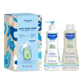 Zestaw Mustela Soft Baby Care Delikatne mycie, żel do mycia, 500 ml + szampon, 500 ml USZKODZONE OPAKOWANIE - zdjęcie produktu