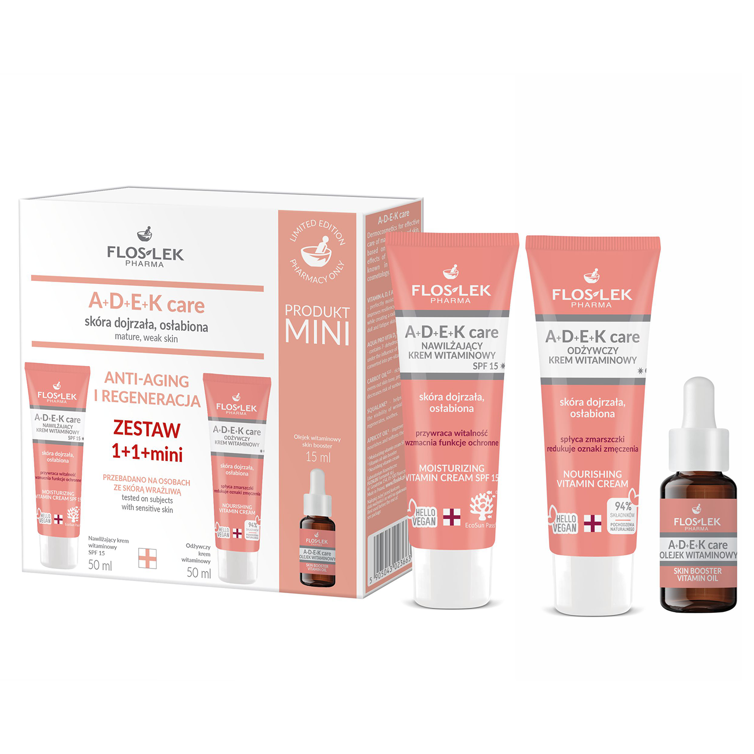 Flos-Lek Pharma Set FlosLek A+D+E+K care, feuchtigkeitsspendend Creme mit Vitaminen, SPF 15, 50 ml + pflegend Creme mit Vitaminen, 50 ml + Öl mit Vitaminen skin booster, 5 ml — Inhaltsstoffe und Bewertung