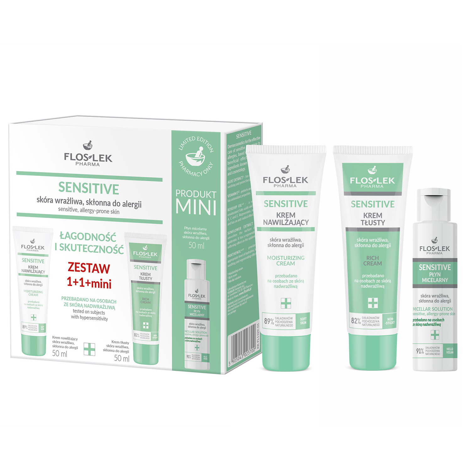 Flos-Lek Pharma Zestaw Floslek Sensitive, krem nawilżający, 50 ml + krem tłusty, 50 ml + płyn micelarny, 50 ml