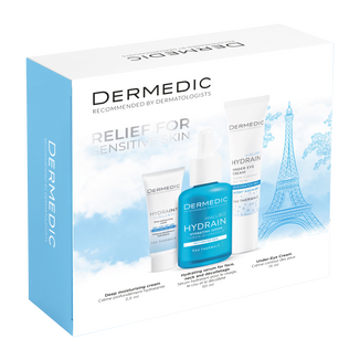 Zestaw Dermedic Hydrain, serum nawadniające twarz, szyję i dekolt, skóra sucha, 30 ml + krem pod oczy, 15 ml + krem dogłębnie nawilżający, 2,5 ml USZKODZONE OPAKOWANIE - zdjęcie produktu