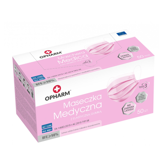 Opharm, maska medyczna, jednorazowa, 3-warstwowa, typ IIR, różowa, 50 sztuk USZKODZONE OPAKOWANIE - zdjęcie produktu