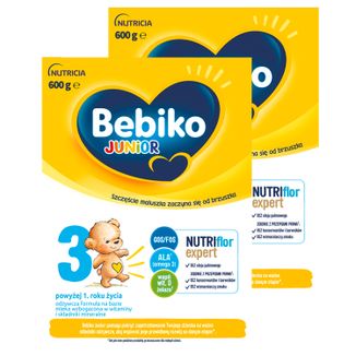 Zestaw Bebiko Junior 3 Nutriflor Expert, odżywcza formuła na bazie mleka, powyżej 1 roku, 2 x 600 g - zdjęcie produktu