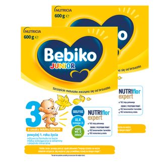 Zestaw Bebiko Junior 3 Nutriflor Expert, odżywcza formuła na bazie mleka, powyżej 1 roku, smak waniliowy, 2 x 600 g - zdjęcie produktu