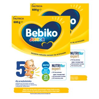 Zestaw Bebiko Junior 5 Nutriflor Expert, odżywcza formuła na bazie mleka, dla przedszkolaka, 2 x 600 g - zdjęcie produktu