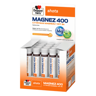 Doppelherz Shots Magnez 400, płyn, smak pomarańczowo-cytrynowy, 25 ml x 20 ampułek - zdjęcie produktu