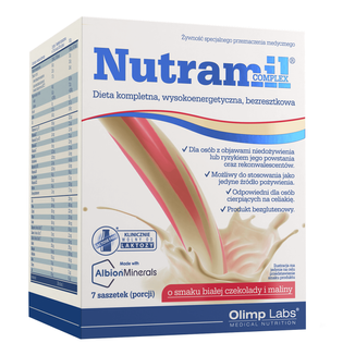 Olimp Nutramil Complex, preparat odżywczy, smak biała czekolada z malinami, 72 g x 7 saszetek USZKODZONE OPAKOWANIE Olimp Nutramil Complex, preparat odżywczy, smak biała czekolada z malinami, 72 g x 7 saszetek USZKODZONE OPAKOWANIE - zdjęcie produktu