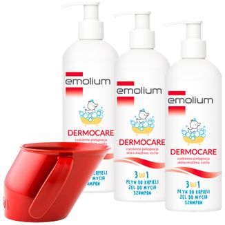 Zestaw Emolium Dermocare 3w1, płyn do kąpieli, żel do mycia i szampon, po 1 miesiącu, 3 x 400 ml + Doidy Cup, kubeczek dla dzieci gratis - zdjęcie produktu