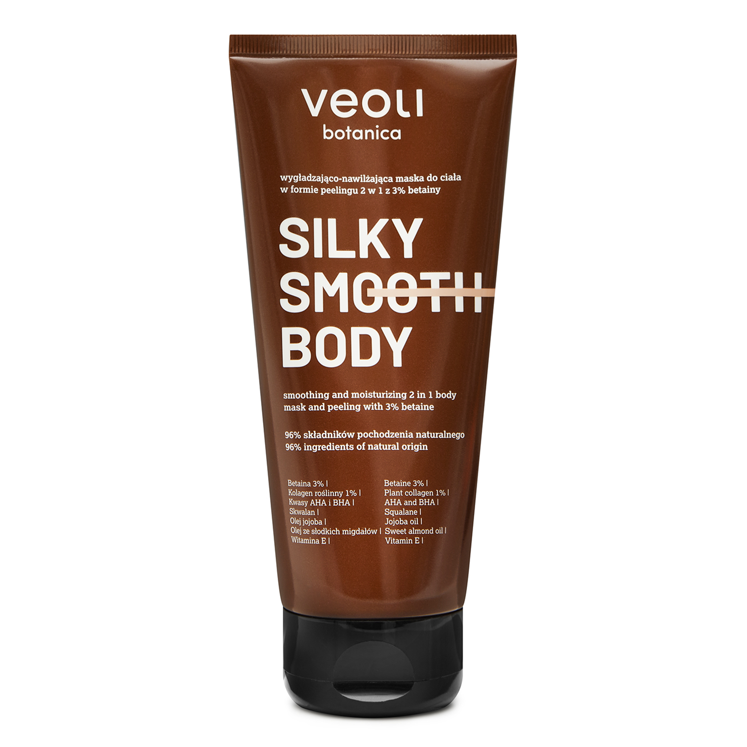 Nieznana Veoli Botanica Silky Smooth Body, wygładzająco-nawilżająca maska do ciała w formie peelingu 2w1 z 3% betainy, 180 ml