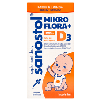 Sanostol Mikroflora + D3, od 1 dnia życia, krople, 8 ml - zdjęcie produktu