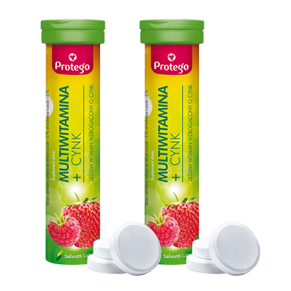 Zestaw Protego Multiwitamina + Cynk, smak malinowo-truskawkowy, 2 x 20 tabletek musujących - zdjęcie produktu
