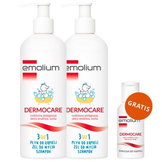 Zestaw Emolium Dermocare 3w1, płyn do kąpieli, żel do mycia i szampon, po 1 miesiącu, 2 x 400 ml + emulsja do kąpieli, 50 ml gratis - zdjęcie produktu