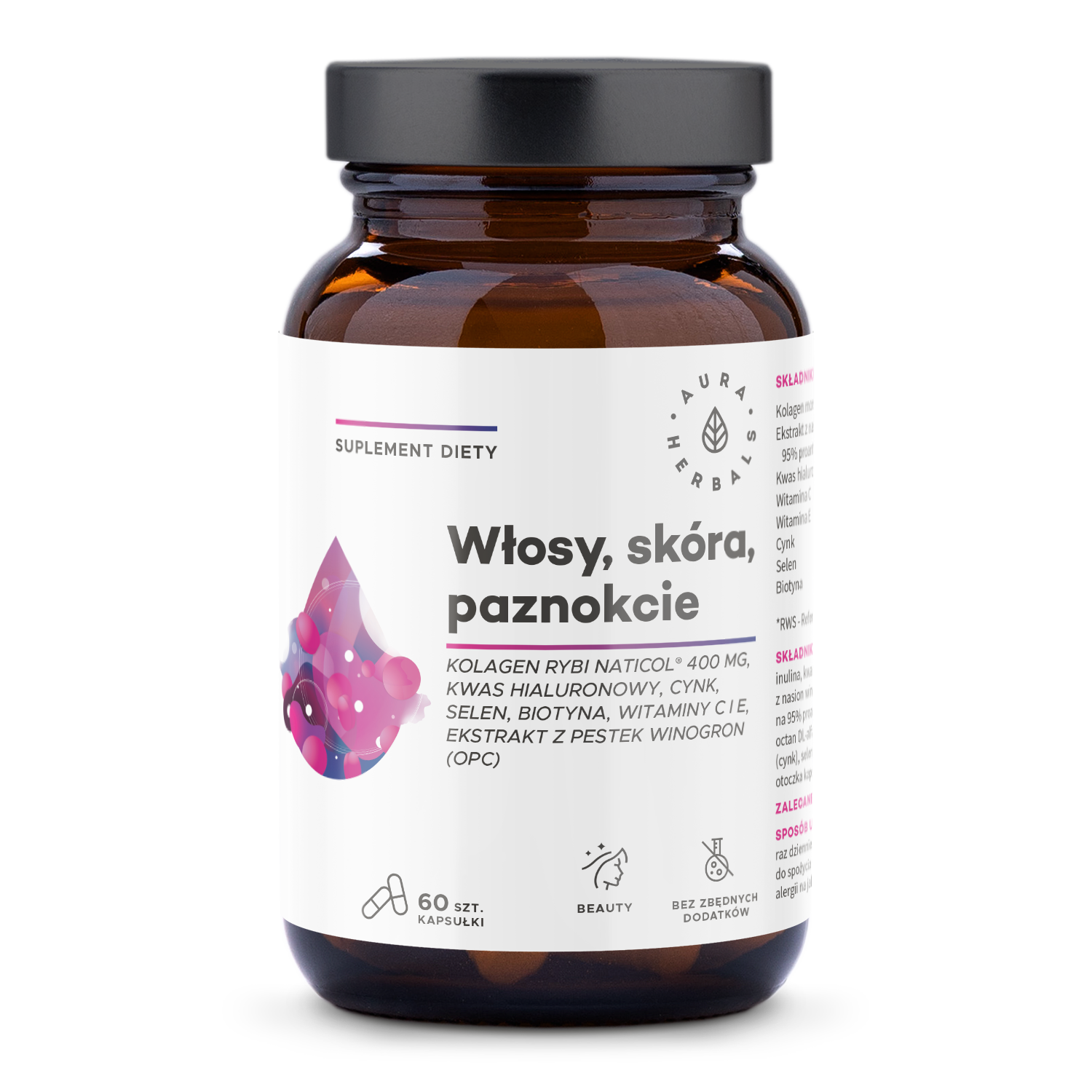 Nieznana Aura Herbals Włosy, Skóra, Paznokcie, kolagen rybi NatiCol, 60 kapsułek