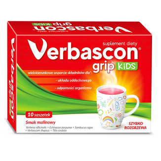 Verbascon Grip Kids, proszek do rozpuszczania, smak malinowy, 10 saszetek USZKODZONE OPAKOWANIE - zdjęcie produktu