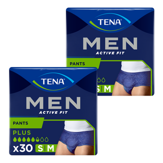 Zestaw Tena Men Active Fit Pants, majtki chłonne, rozmiar S/M, 75-105 cm, Plus, 2 x 30 sztuk - zdjęcie produktu