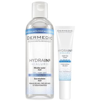 Zestaw Dermedic Hydrain 3 Hialuro, krem pod oczy, skóra odwodniona i sucha, 15 g + płyn micelarny H2O, 100 ml - zdjęcie produktu