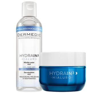 Zestaw Dermedic Hydrain 3 Hialuro, krem do twarzy na noc, 50 ml + płyn micelarny H2O, 100 ml - zdjęcie produktu