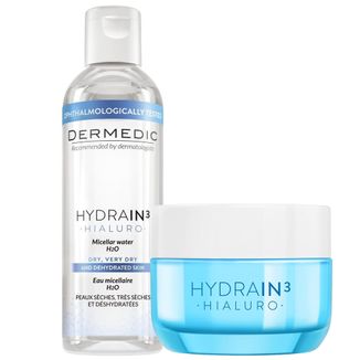 Zestaw Dermedic Hydrain 3 Hialuro, ultranawilżający krem-żel do twarzy, 50 ml + Hydrain 3 Hialuro, płyn micelarny H2O, 100 ml - zdjęcie produktu