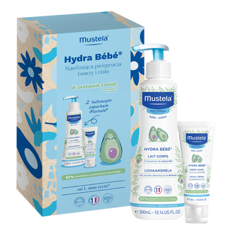Zestaw Mustela Hydra Bebe z organicznym awokado, od 1 dnia życia, mleczko do ciała, 300 ml + krem do twarzy, 40 ml - zdjęcie produktu