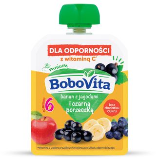 BoboVita Mus w tubce, banan z jagodami i czarną porzeczką, po 6 miesiącu, 80 g - zdjęcie produktu