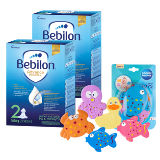 Zestaw Bebilon Advance Pronutra 2, mleko następne, powyżej 6 miesiąca, 2 x 1000 g + Canpol Babies, zestaw zabawek do kąpieli z przyssawkami, od urodzenia, 5 sztuk gratis - zdjęcie produktu