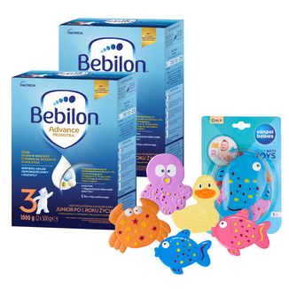 Zestaw Bebilon Advance Pronutra 3 Junior, mleko modyfikowane, po 1 roku, 2 x 1000 g + Canpol Babies, zestaw zabawek do kąpieli z przyssawkami, od urodzenia, 5 sztuk gratis - zdjęcie produktu