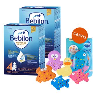 Zestaw Bebilon Advance Pronutra 4 Junior, mleko modyfikowane, po 2 roku, 2 x 1000 g + Canpol Babies, zestaw zabawek do kąpieli z przyssawkami, od urodzenia, 5 sztuk gratis - zdjęcie produktu
